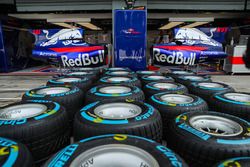 Scuderia Toro Rosso STR12 bodywork detail in the garage, Pirelli tyres