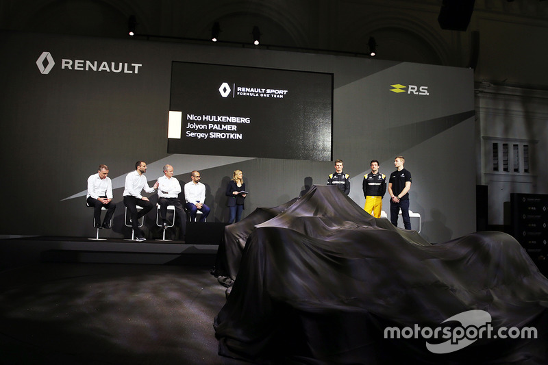 (L to R): Bob Bell, Renault Sport F1 Team Chief Technical Officer with Cyril Abiteboul, Renault Sport F1 Managing Director; Jerome Stoll, Renault Sport F1 President; Thierry Koskas, Renault Executive Vice President of Sales and Marketing; Louise Ekland, Re