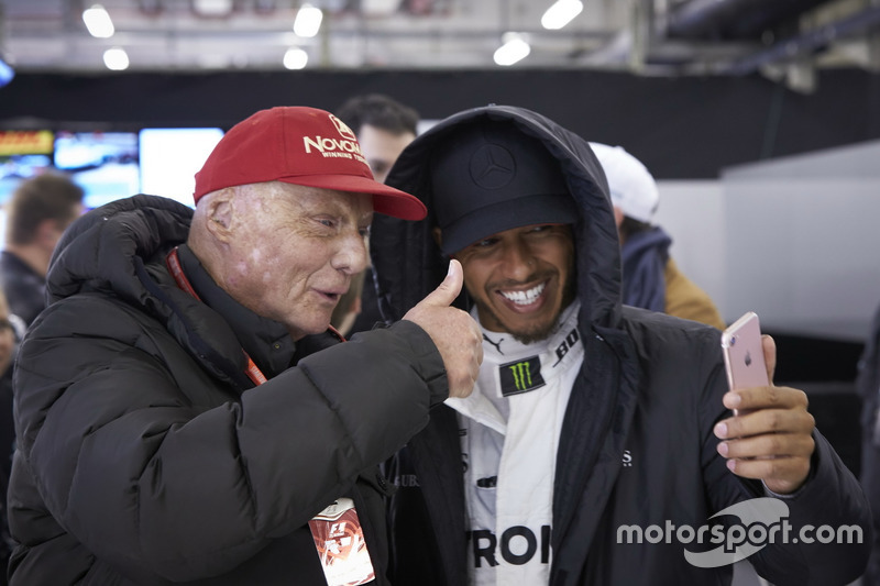 Niki Lauda, Non-Executive Chairman, Mercedes AMG, and Lewis Hamilton, Mercedes AMG