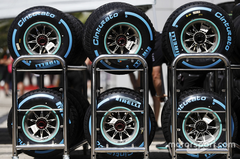 Trolleys of Pirelli tyres in the paddock