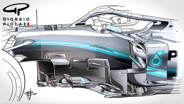 Giorgio <b>Piola</b> Mercedes AMG F1 W10 bargeboards comparación ...