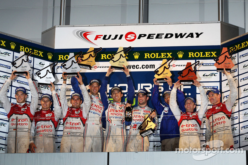 Overall podium: winners Alexander Wurz, Nicolas Lapierre, Kazuki Nakajima, second place Marcel Fässler, Benoit Tréluyer, Andre Lotterer, third place Tom Kristensen, Allan McNish