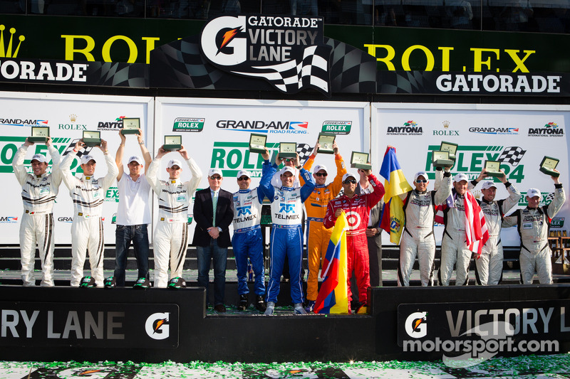 Class winners podium: GT winners Filipe Albuquerque, Oliver Jarvis, Edoardo Mortara, Dion von Moltke, DP winners Charlie Kimball, Juan Pablo Montoya, Scott Pruett, Memo Rojas, GX winners Nelson Canache, Shane Lewis, David Donohue, Jim Norman