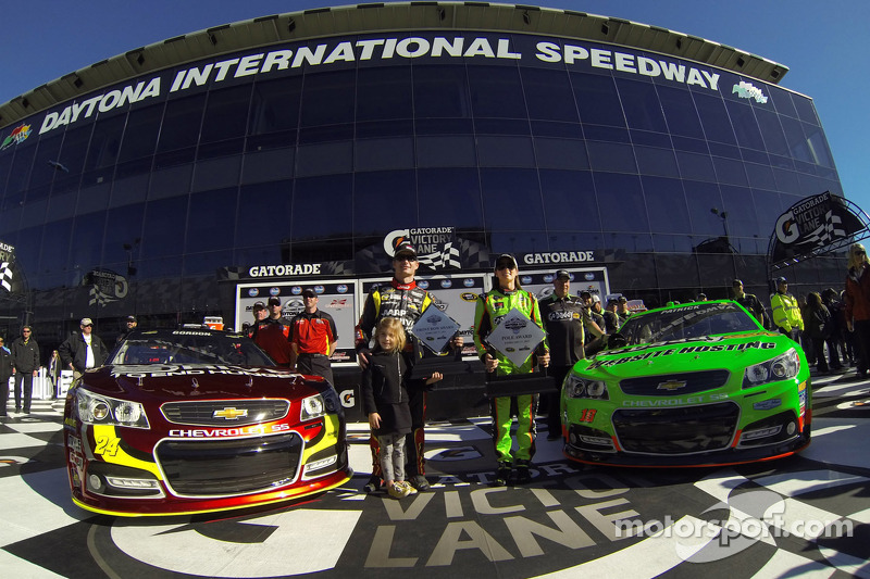 Front row for the 2013 Daytona 500: pole winner Danica Patrick, Stewart-Haas Racing Chevrolet, with second fastest qualifier Jeff Gordon, Hendrick Motorsports Chevrolet