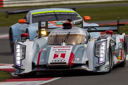 Four Audi R18 e-tron quattro cars at test day for the Le Mans 24 Hours