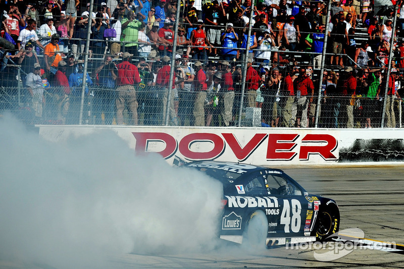 Race winner Jimmie Johnson celebrates