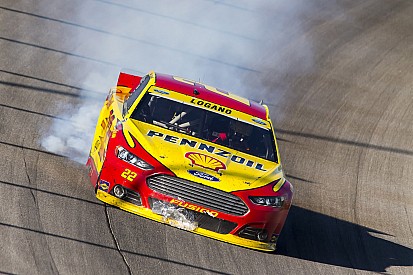 Why did Logano's engine blow as he crossed the finish line?