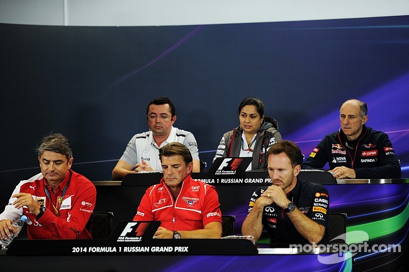 The FIA Press Conference: Eric Boullier, McLaren Racing Director; Monisha Kaltenborn, Sauber Team Principal; Franz Tost, Scuderia Toro Rosso Team Principal; Marco Mattiacci, Ferrari Team Principal; Graeme Lowdon, Marussia F1 Team Chief Executive Officer; 