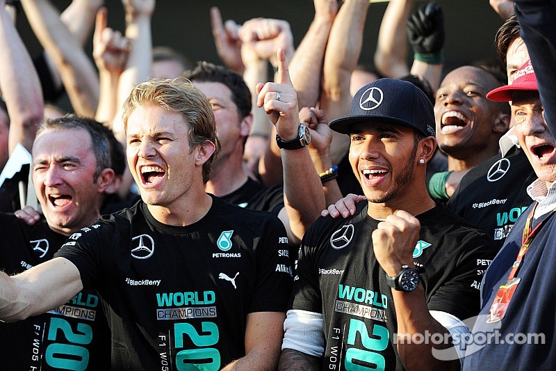Mercedes team celebrates constructor's title at Brackley and Brixworth