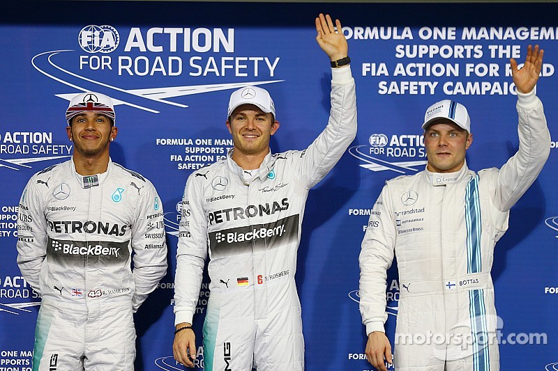 Pole for Nico Rosberg, Mercedes AMG F1 W05, 2nd for Lewis Hamilton, Mercedes AMG F1 and 3rd for Valtteri Bottas, Williams FW36