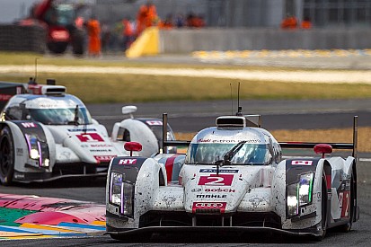 Three Audi R18 e-tron quattro cars at Le Mans