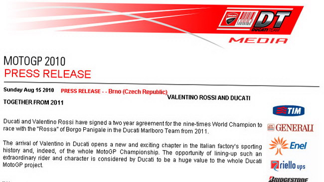 Ecco il comunicato del matrimonio Valentino-Ducati