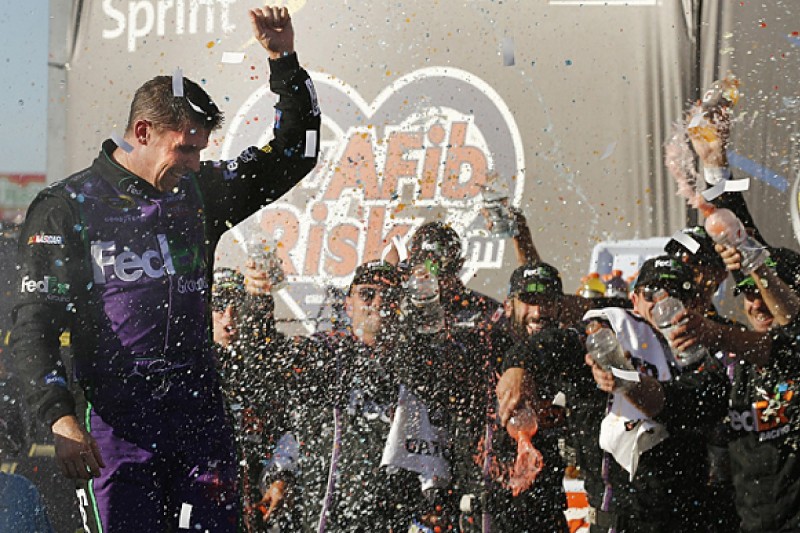 Chicagoland NASCAR: Denny Hamlin wins for Joe Gibbs despite spin