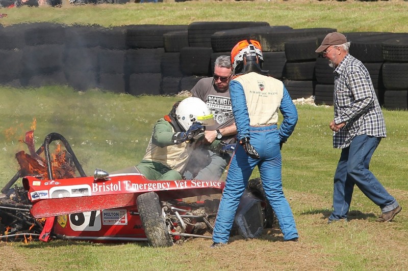 Historic FFord racer saved by spectators, driver in fiery crash