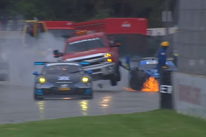 Track worker hospitalized after post-race crash, Aston strikes safety truck