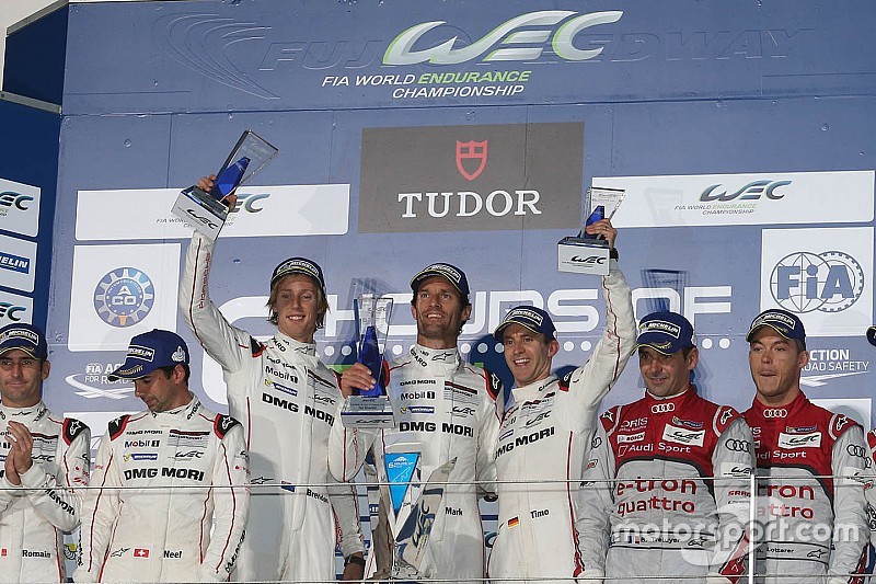 Podium: winners Timo Bernhard, Mark Webber, Brendon Hartley, Porsche Team