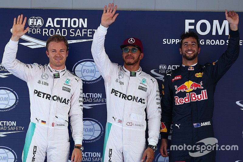 Pole for Lewis Hamilton, Mercedes AMG F1 W07 , 2nd for Nico Rosberg, Mercedes AMG Petronas F1 W07 and 3rd for Daniel Ricciardo, Red Bull Racing RB12