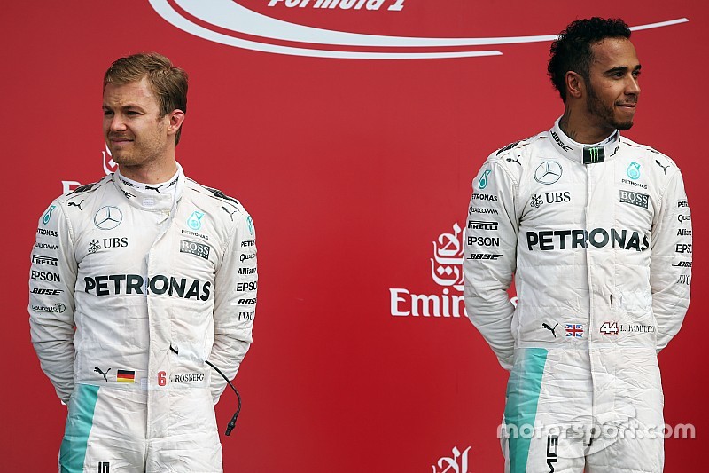 The podium (L to R): Nico Rosberg, Mercedes AMG F1 with team mate Lewis Hamilton, Mercedes AMG F1