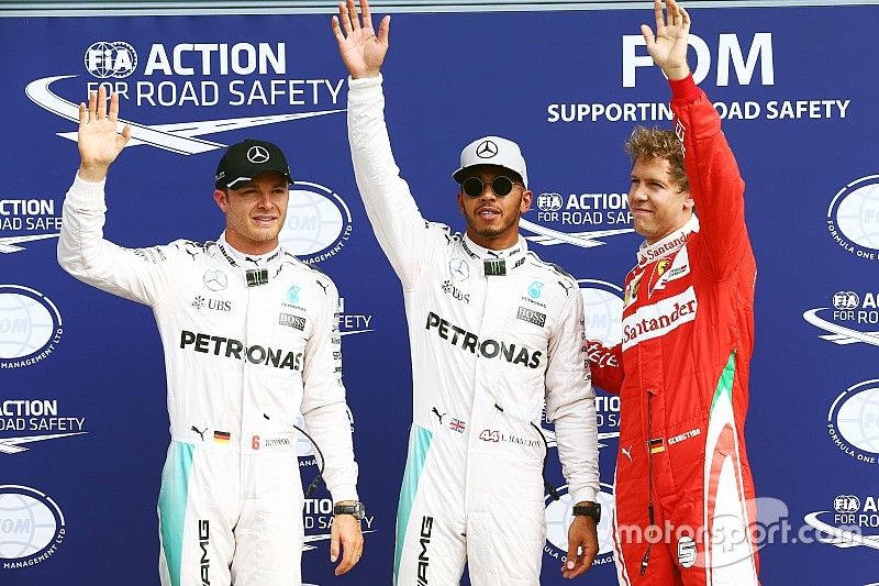 Qualifying top three in parc ferme (L to R): second place Nico Rosberg, Mercedes AMG F1; Pole Position Lewis Hamilton, Mercedes AMG F1; third place Sebastian Vettel, Ferrari