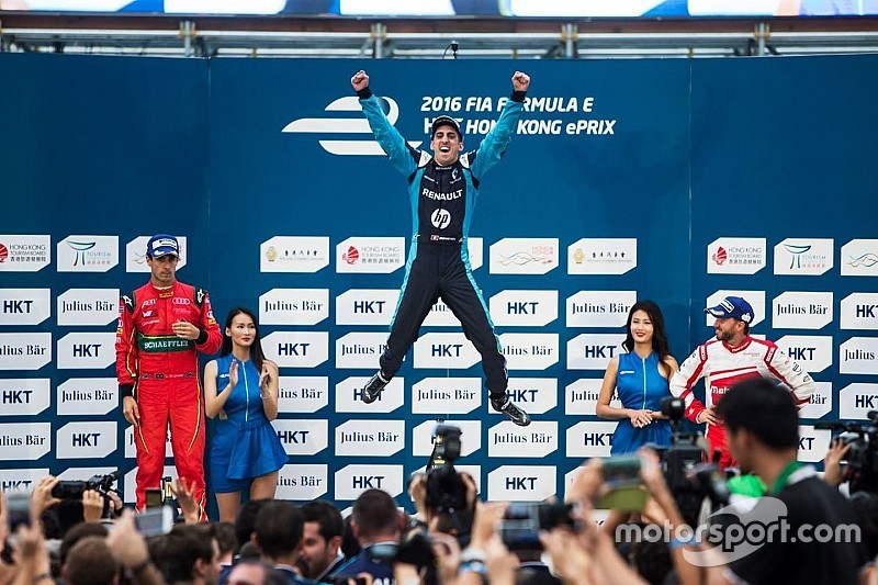 Podium : le vainqueur Sébastien Buemi, Renault e.dams, le 2e Lucas di Grassi, ABT Schaeffler Audi Sport, et le 3e Nick Heidfeld, Mahindra Racing