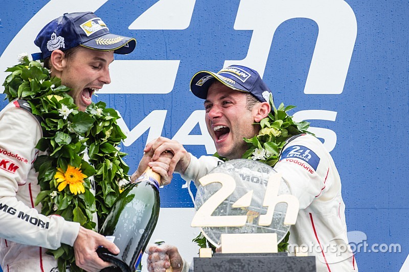 LMP1 podium: champagne for Nick Tandy and Earl Bamber