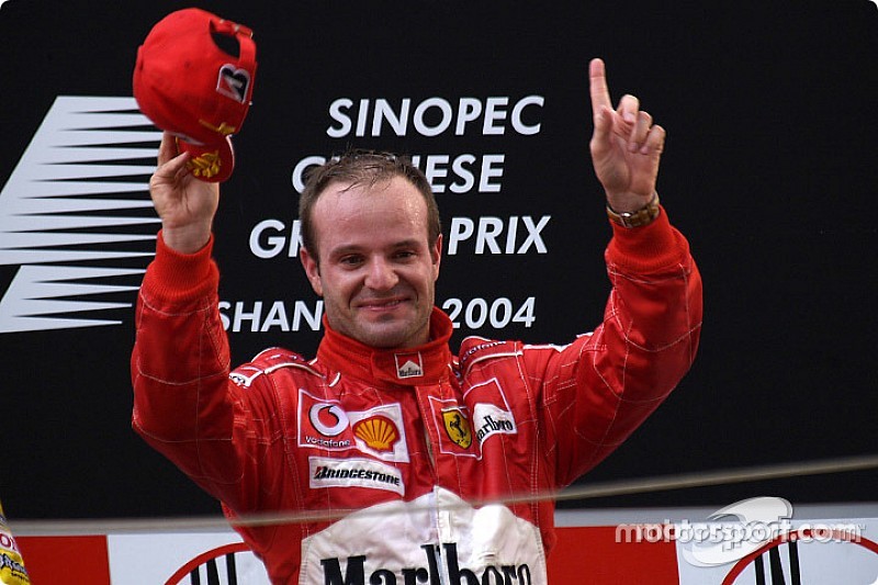 Podium: race winner Rubens Barrichello celebrates