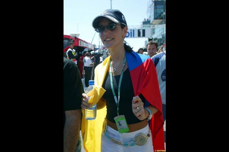 Juan Pablo Montoya's fiancee, Connie, after he set pole position. Qualifying for the French Grand Prix, Magny Cours, France, July 20th 2002.