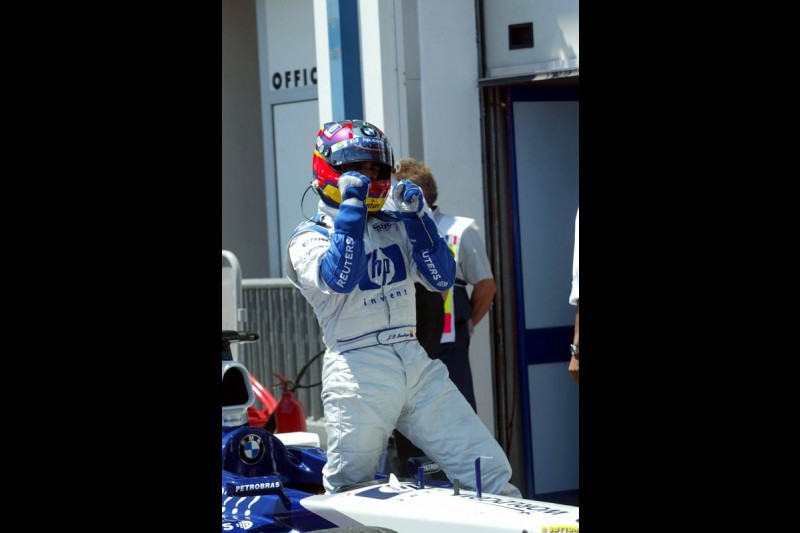 Juan Pablo Montoya, Williams, after setting his 6th pole position of the year. Qualifying for the French Grand Prix, Magny Cours, France, July 20th 2002.