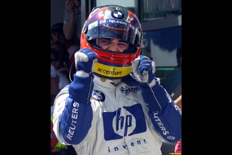 Juan Pablo Montoya claims his 5th consecutive pole. Qualifying for the French Grand Prix, Magny Cours, France, July 20th 2002.