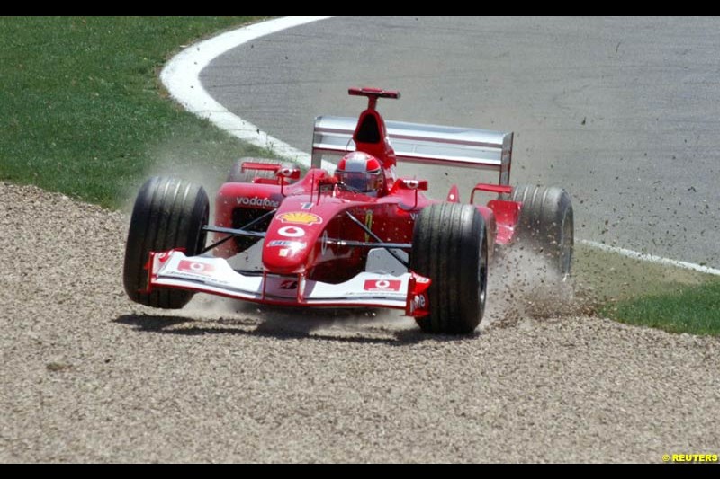 Michael Schumacher, Ferrari, makes an error. Qualifying for the French Grand Prix, Magny Cours, France, July 20th 2002.