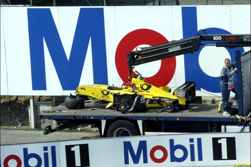 Giancarlo Fisichella's Jordan car brought back to the pits after his crash in Saturday Free Practice. French Grand Prix, Magny Cours, France, July 20th 2002.
