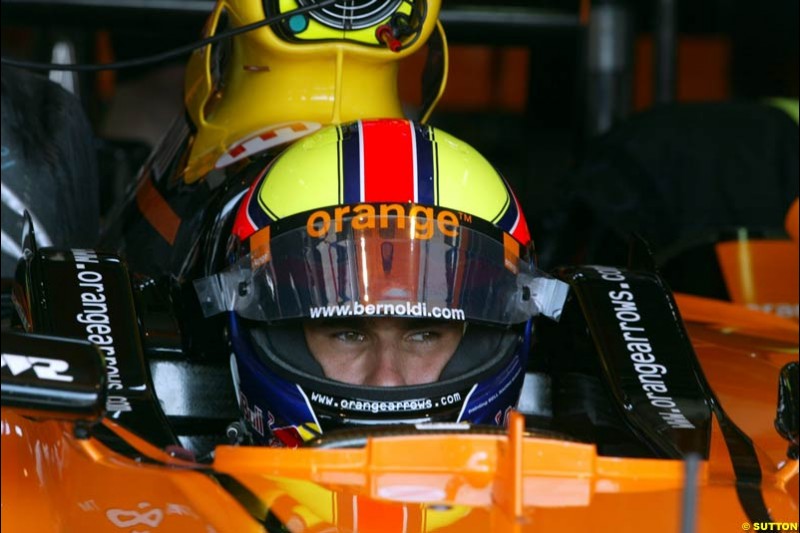 Enrique Bernoldi gets ready, as Arrows finally get one run. Saturday Free Practice, French Grand Prix, Magny Cours, France, July 20th 2002.