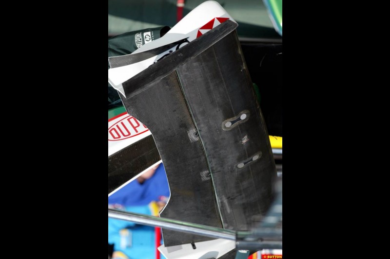 The bottom side of Jaguar's front wing. Saturday Free Practice, French Grand Prix, Magny Cours, France, July 20th 2002.