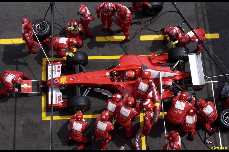 Ferrari's Michael Schumacher pits. French Grand Prix, Magny Cours, France, July 21st 2002.