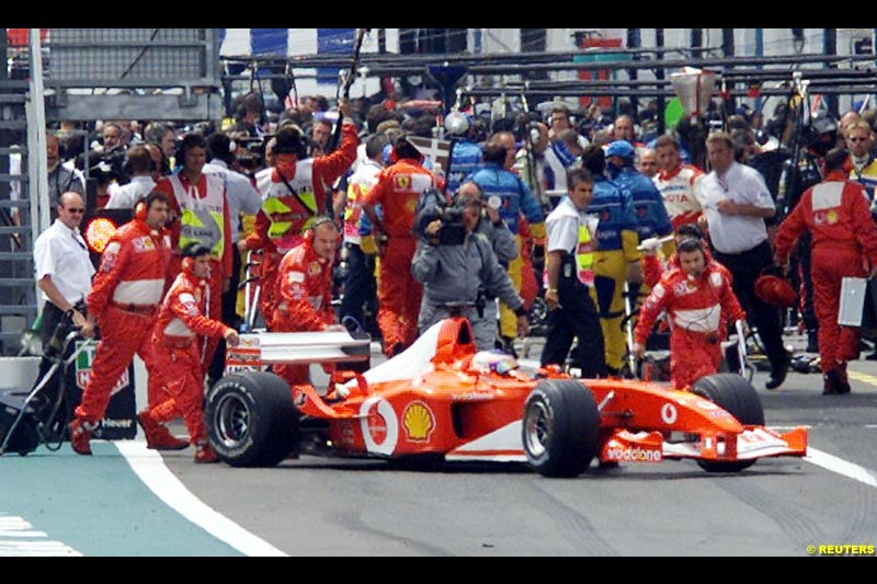 Rubens Barrichello pushed off the grid at the start of the French Grand Prix, Magny Cours, France, July 21st 2002.