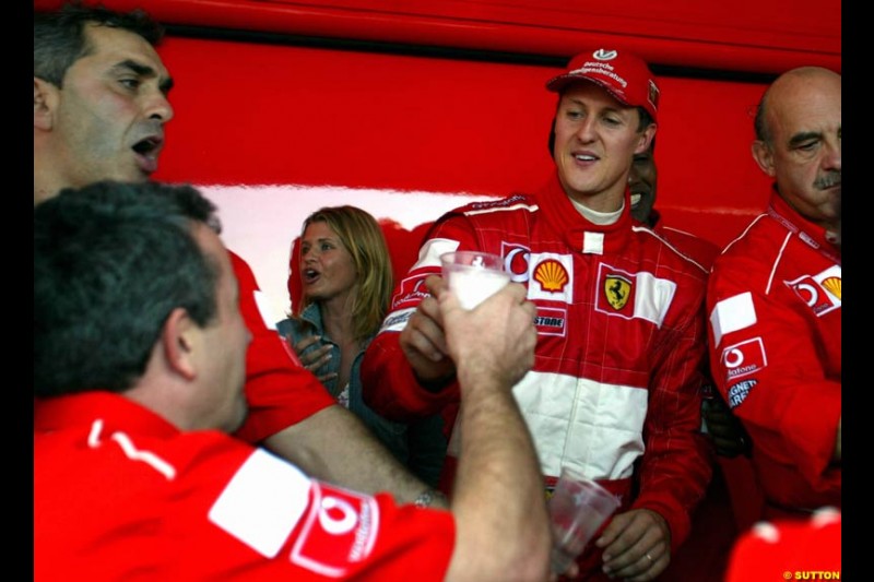 Ferrari celebrate Michael Schumacher's 5th WC. French Grand Prix, Magny Cours, France, July 21st 2002.