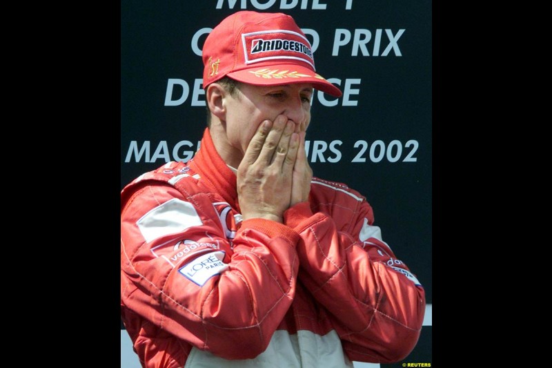 Michael Schumacher, Ferrari, secures his 5th World Championship with a win at the French Grand Prix, Magny Cours, France, July 21st 2002. 
