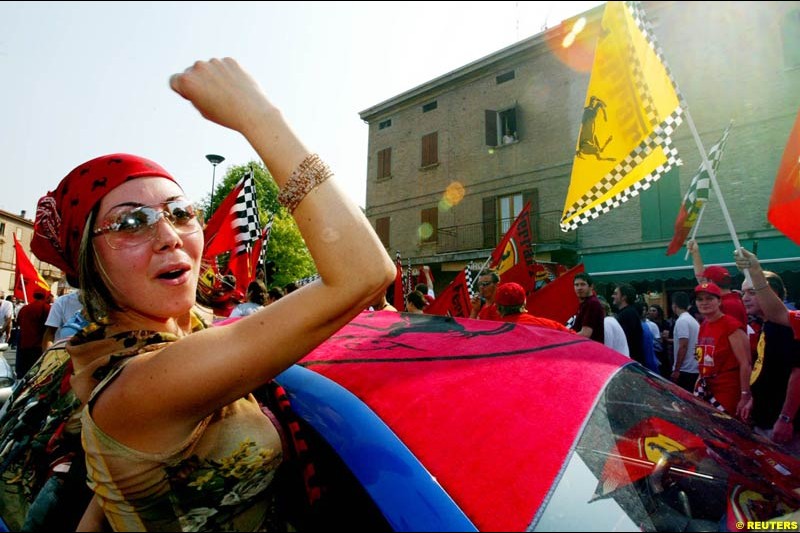 Fans celebrate Michael Schumacher's fifth WC. French Grand Prix, Magny Cours, France, July 21st 2002.