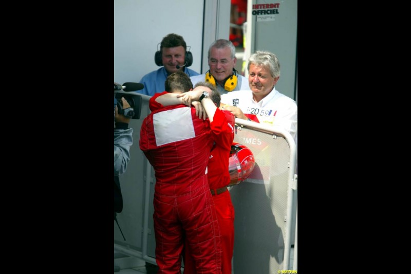 Michael Schumacher, Ferrari, secures his 5th World Championship with a win at the French Grand Prix, Magny Cours, France, July 21st 2002.
