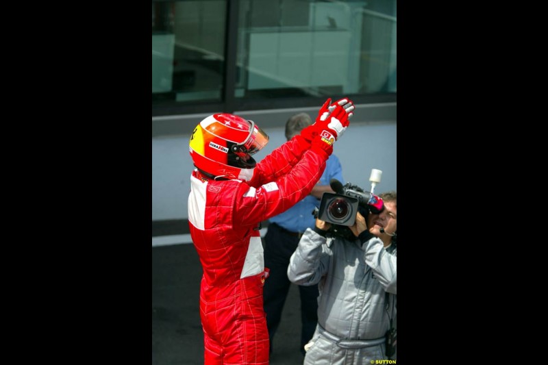 Michael Schumacher, Ferrari, secures his 5th World Championship with a win at the French Grand Prix, Magny Cours, France, July 21st 2002.