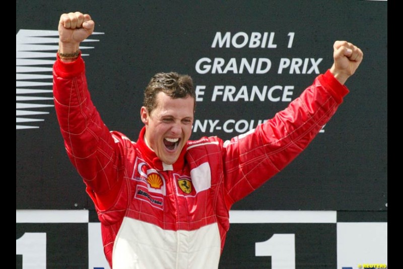 Michael Schumacher, Ferrari, secures his 5th World Championship with a win at the French Grand Prix, Magny Cours, France, July 21st 2002.
