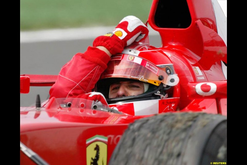 Michael Schumacher, Ferrari, secures his 5th World Championship with a win at the French Grand Prix, Magny Cours, France, July 21st 2002.