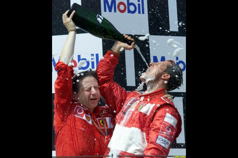 Michael Schumacher, Ferrari, secures his 5th World Championship with a win at the French Grand Prix, Magny Cours, France, July 21st 2002.