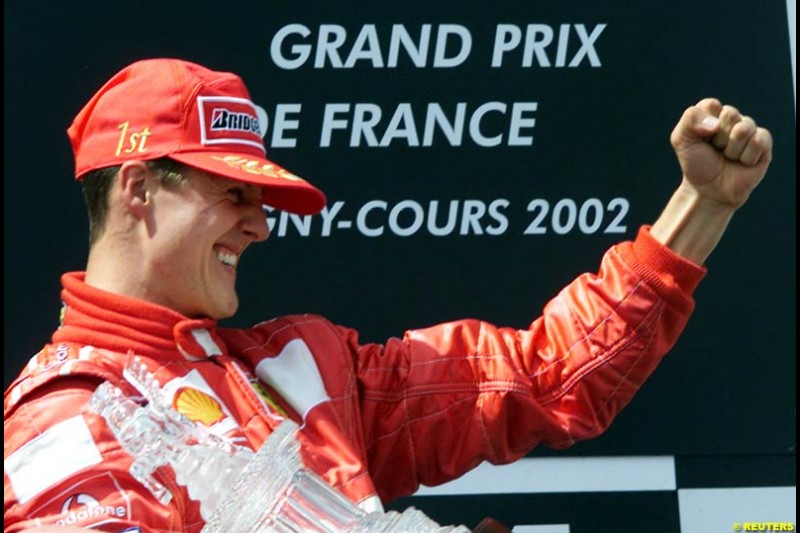 Michael Schumacher, Ferrari, secures his 5th World Championship with a win at the French Grand Prix, Magny Cours, France, July 21st 2002.