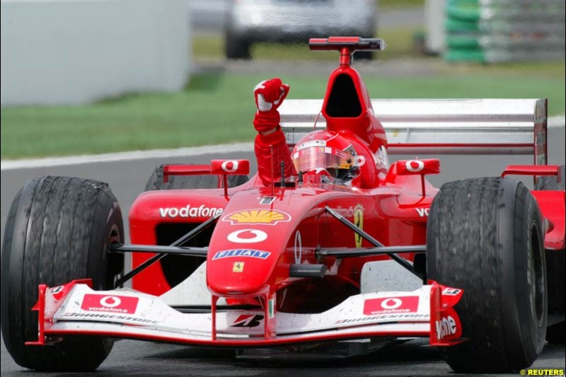 Michael Schumacher, Ferrari, secures his 5th World Championship with a win at the French Grand Prix, Magny Cours, France, July 21st 2002.