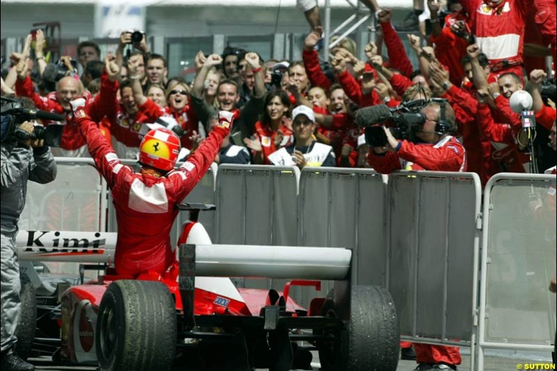 Michael Schumacher, Ferrari, secures his 5th World Championship with a win at the French Grand Prix, Magny Cours, France, July 21st 2002.