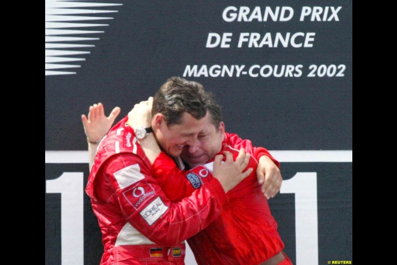 Michael Schumacher, Ferrari, secures his 5th World Championship with a win at the French Grand Prix, Magny Cours, France, July 21st 2002.