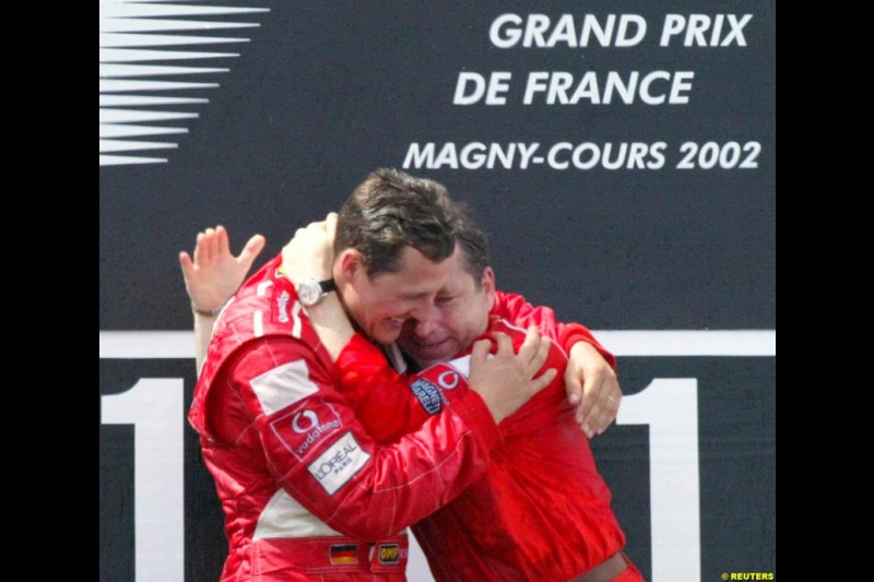 Michael Schumacher, Ferrari, secures his 5th World Championship with a win at the French Grand Prix, Magny Cours, France, July 21st 2002.