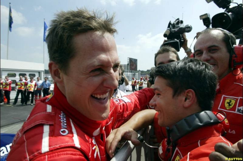 Michael Schumacher celebrates Pole Position. German Grand Prix, Hockenheim, Germany, July 27th 2002.