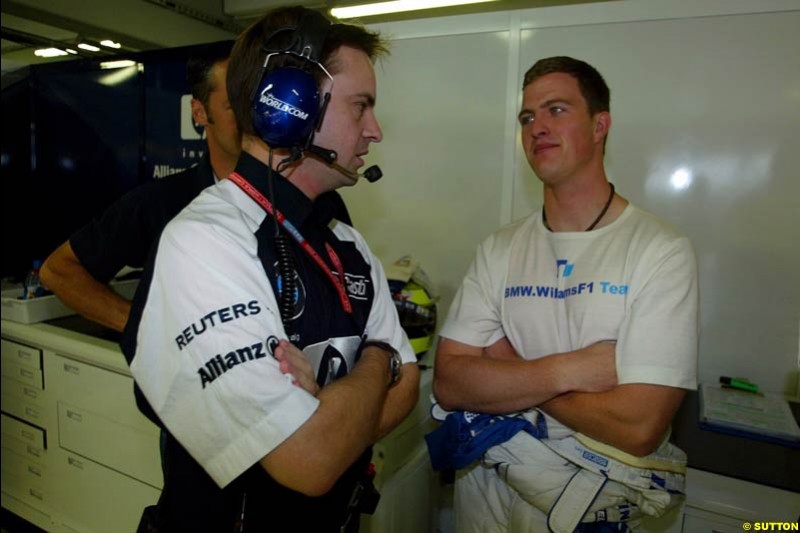 Ralf Schumacher and a Williams engineer. German Grand Prix, Hockenheim, Germany, July 27th 2002.